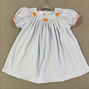 Striped Blue and White Kids Knit Dress with Pumpkin Smocked Embroidered Details
